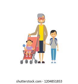 grandmother with baby grandchildren in stroller, multi generation family, full length avatar on white background, successful family concept, tree of genus flat cartoon design vector illustration