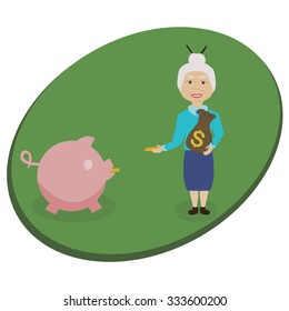 Grandmother with a bag of money puts them in a piggy bank