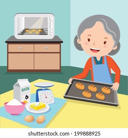 Grandmother Baking Buns. Cheerful Old Woman Baking Buns.