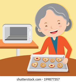 Grandmother baking tarts. Cheerful old lady baking cookies.