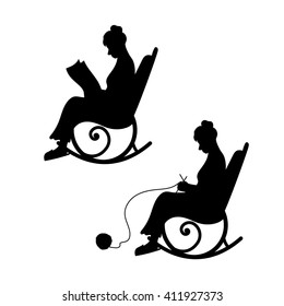 Grandmother with ball of yarn knits in a chair. Grandma reads the newspaper. The concept of old age, a home of warmth, comfort. Set of black silhouettes and icons. Set of vector illustrations.