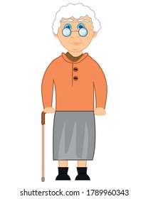 Grandmother bespectacled and with walking stick in hand