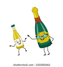 Grandmother bottle of sparkling wine character with happy emotions and grandson lemonade. Alcohol man with joyful facial expression, glass container for holidays and parties. Vector flat illustration