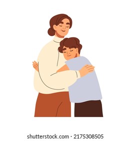 Grandmother and boy child hugging together. Love of grandma and grandchild. Elderly woman and grandson. Happy granny and kid, warm hugs. Flat vector illustration isolated on white background