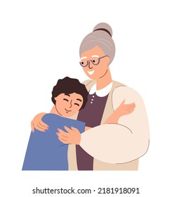 Grandmother and boy child hugging together.Love of grandma and grandchild.Elderly woman support grandson. Happy granny and kid, warm hugs. Flat vector illustration isolated on white background