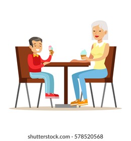 Grandmother And A Boy Eating Ice-cream, Part Of Grandparents Having Fun With Grandchildren Series