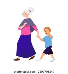 Grandmother and the boy are evacuated holding hands. Warning old woman with glasses walks quickly taking the scared boy by the hand. Vector Illustration isolated on white background or emergency