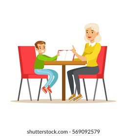 Grandmother And A Boy Reading a Book Together, Smiling Person In The Library Vector Illustration