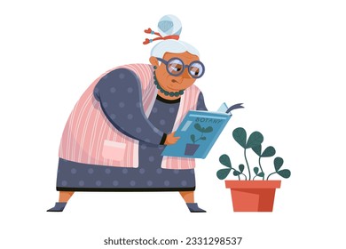 a grandmother with a bun on her head in a polka dot dress and a pink tank top is reading a botany magazine. next to her is a pot with seedlings. cartoon style
