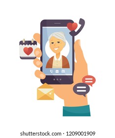 Grandmother calling - modern vector cartoon character illustration
