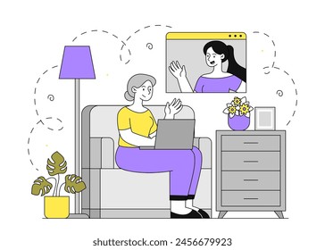 Grandmother calls woman linear. Pensioner communicate in social networks and messengers. Family with video conference. Doodle flat vector illustration isolated on white background
