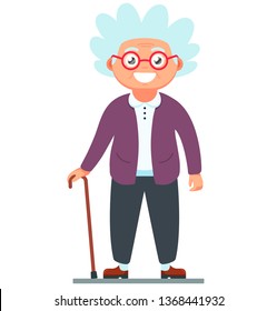 grandmother with a cane standing on a white background. gray-haired woman in pants. character vector illustration