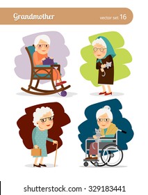 Grandmother Cartoon Character. Elderly Woman In Rocking Chair And Wheelchair