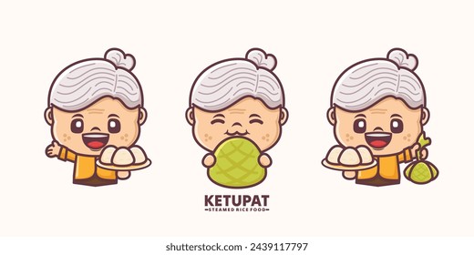 grandmother cartoon with ketupat Indonesian traditional food, vector illustration in outline style