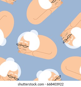 Grandmother with cat body pattern. Cat with grandma head seamless background. pet in parallel universe ornament