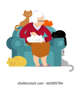 Grandmother and cat sitting on chair. granny cat lady. grandma and pet. old woman and animal. gammer and Beast