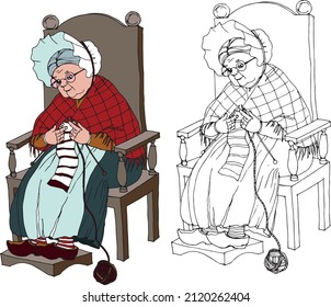 Grandmother in a chair knits from a fairy tale