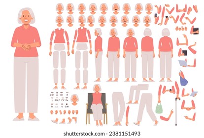 Grandmother character constructor for animation. An elderly woman in various poses and views, gestures and emotions, the position of arms and legs. Vector illustration in flat style