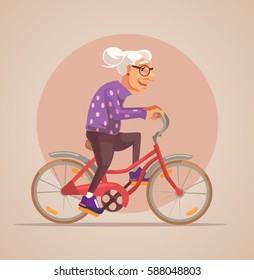 Grandmother character ride bike. Vector flat cartoon illustration