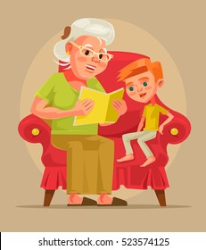 Grandmother character sit with grandson and read book story. Vector flat cartoon illustration