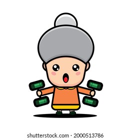 Grandmother character vector lifting dumbbells