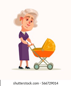 Grandmother character walking with newborn. Vector flat cartoon illustration