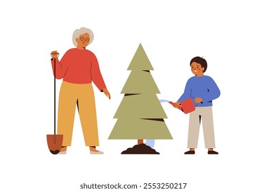 Grandmother and child planting young fir in the ground. Teacher and  schoolboy watering tree after Christmas outside together. Reuse xmas tree and reforest conservation concept. Vector illustration