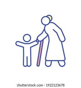 Grandmother with child RGB color icon. Grandparent walking with grandchild. Spend time and bond with family. Happy grandson with granny. Generation gap. Isolated vector illustration
