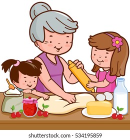 Grandmother and children cooking in the kitchen. Vector illustration