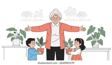 Grandmother and children tend to houseplants together creating a harmonious green space