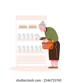 Grandmother chooses milk in the store. Elderly people and life. Flat vector illustration.