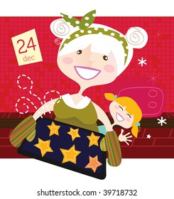 Grandmother with christmas cookies. Grandmother with grandchild witch perfect christmas cookies. Vector Illustration.