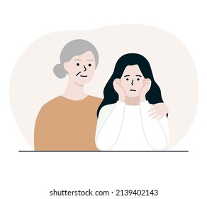 Grandmother comforting and hugging sad grandchild. Communication, family support, loving relationship, parenting, protection concept. Flat people vector illustration. Use for landing web page, banner.