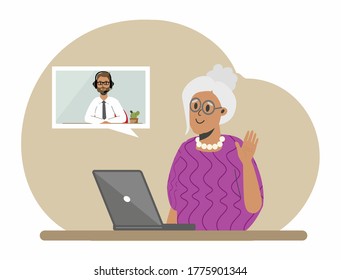 Grandmother communicates with her son, grandson via video communication. Flat vector illustration in cartoon style.