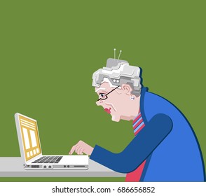 Grandmother with the computer sits. Vector illustration in a flat style. Old progressive woman use modern technology. Green background