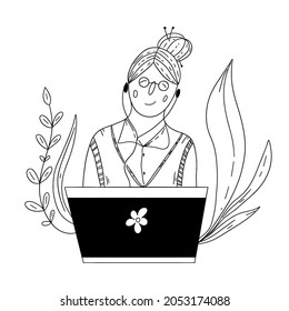 Grandmother With The Computer. Vector Black Line Illustration. Happy Grandma With Leaf.