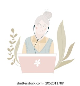 Abuela con la computadora. Ilustración vectorial en un estilo plano. Feliz abuela con hoja y laptop.