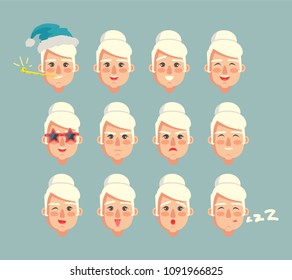 Grandmother constructor set of grannies heads smiling cartoon granny with different emotions vector emoji of grandma isolated on grey, sad and happiness