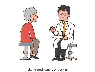 Grandmother consulting a doctor Comical handwritten person Vector, line drawing and color