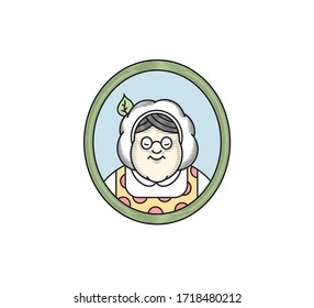 Grandmother cook lino cut logo for cafe or home cooking restaurant. Pastry and bakery logotype. Colorful portrait