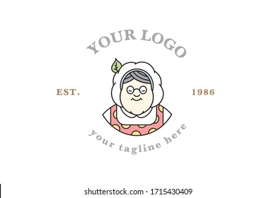 Grandmother cook logo for cafe or home cooking restaurant. Pastry and bakery logotype. Colorful portrait