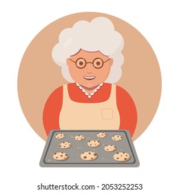 Grandmother Cooking Biscuits With Chocolate. Old Woman Granny Cooking Cookies. Portrait Of Happy Grandma In Red Dress And Apron. Vector Illustration