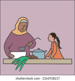 grandmother cooking dinner with her granddaughter . Grandparents day. National grandparent festive. Cute family characters. vector illustration.