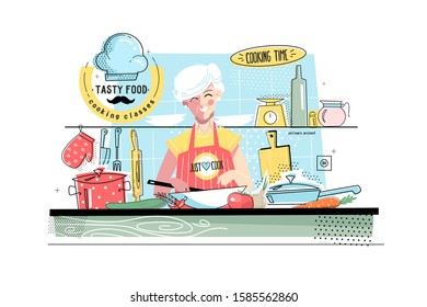 Grandmother cooking food vector illustration. Smiling grandma wearing apron and prepare dishes for dinner flat style concept. Kitchen interior on background