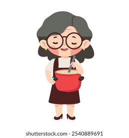 grandmother cooking holding a pot of food 