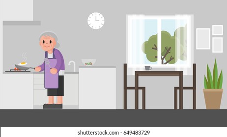Grandmother Is Cooking In The Kitchen. Senior Woman Cooks In Kitchen. Illustration Vector.