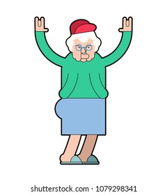Grandmother cool. Grandma Rock Hand sign. Old lady In cap. Vector illustration
