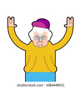 Grandmother cool. Grandma Rock Hand sign. Old lady In cap. Vector illustration
