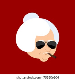 Grandmother Cool serious avatar of emotions. grandma smoking cigar emoji. strict. Vector illustration