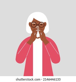 A grandmother covers his nose with his hands with a handkerchief. The concept of a sick person, sneezing, seasonal allergies, bad smell. Vector flat illustration.